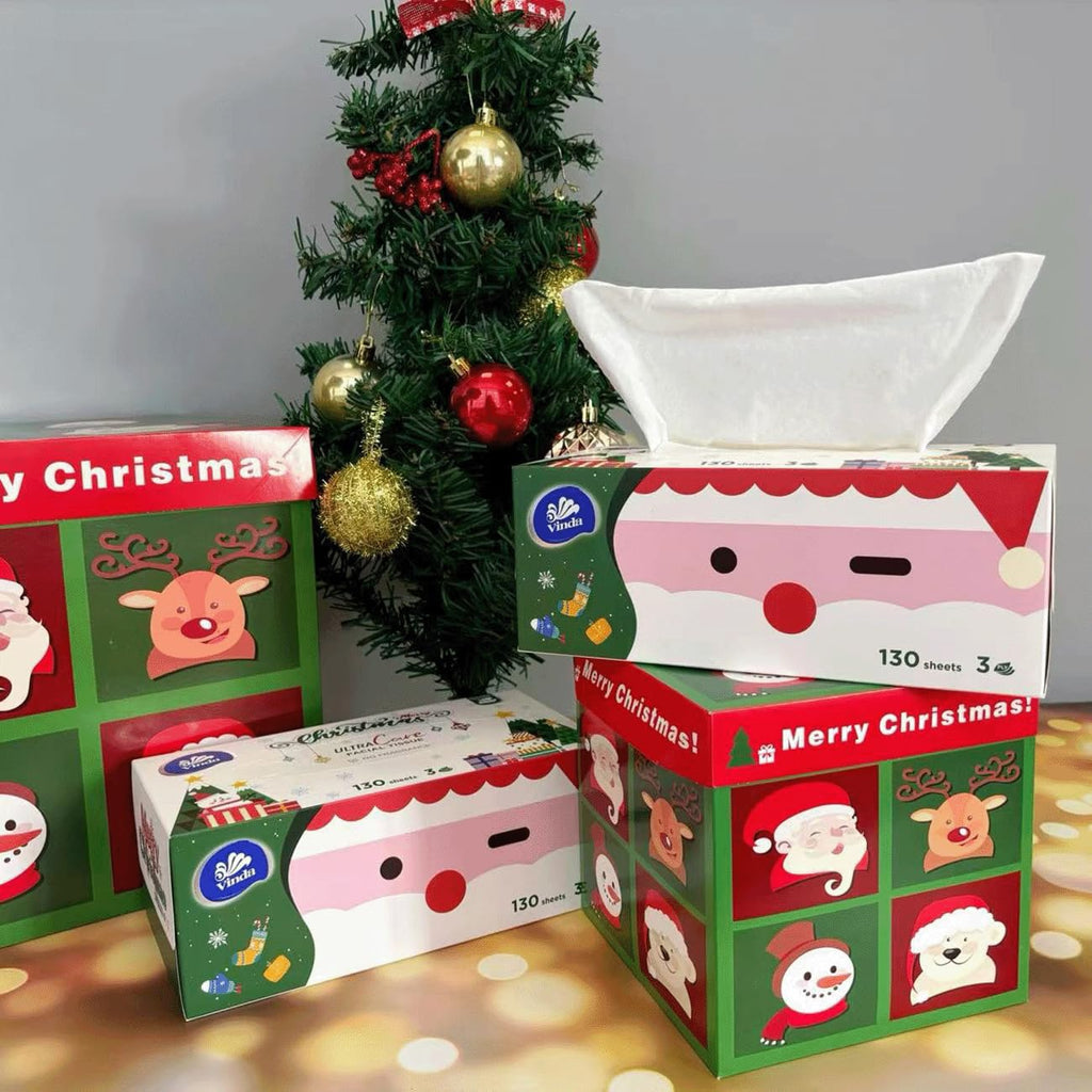 Vinda 3-Ply Ultra Care Facial Tissues, Cute Edition, Festive Holiday Boxes, 130 Tissues/Box, 8 Flat Boxes, Ultra Soft & Gentle for Sensitive Skin, Ideal for Home, Office, or Holiday Gifts