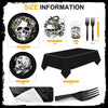 121 Pcs Gothic Halloween Party Tableware Set for 24 Guests – Black Skull Skeleton Disposable Plates, Cups, Napkins and Tablecloth for Spooky Gothic Halloween Party Decorations