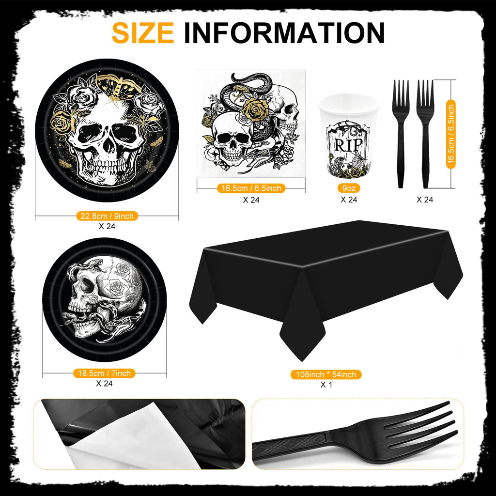 121 Pcs Gothic Halloween Party Tableware Set for 24 Guests – Black Skull Skeleton Disposable Plates, Cups, Napkins and Tablecloth for Spooky Gothic Halloween Party Decorations