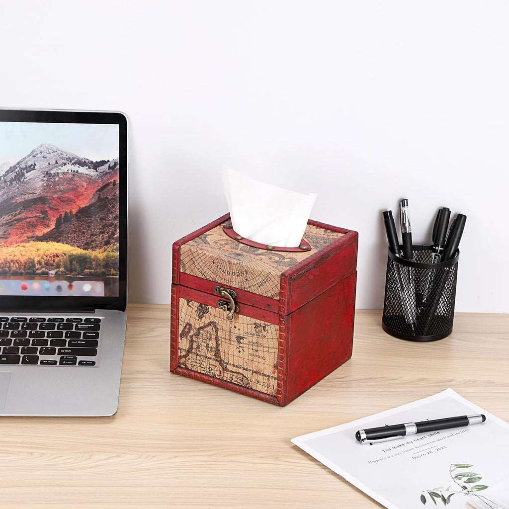 Sumnacon Wood Tissue Box Cover Square, Vintage Retro Tissue Holder, Red