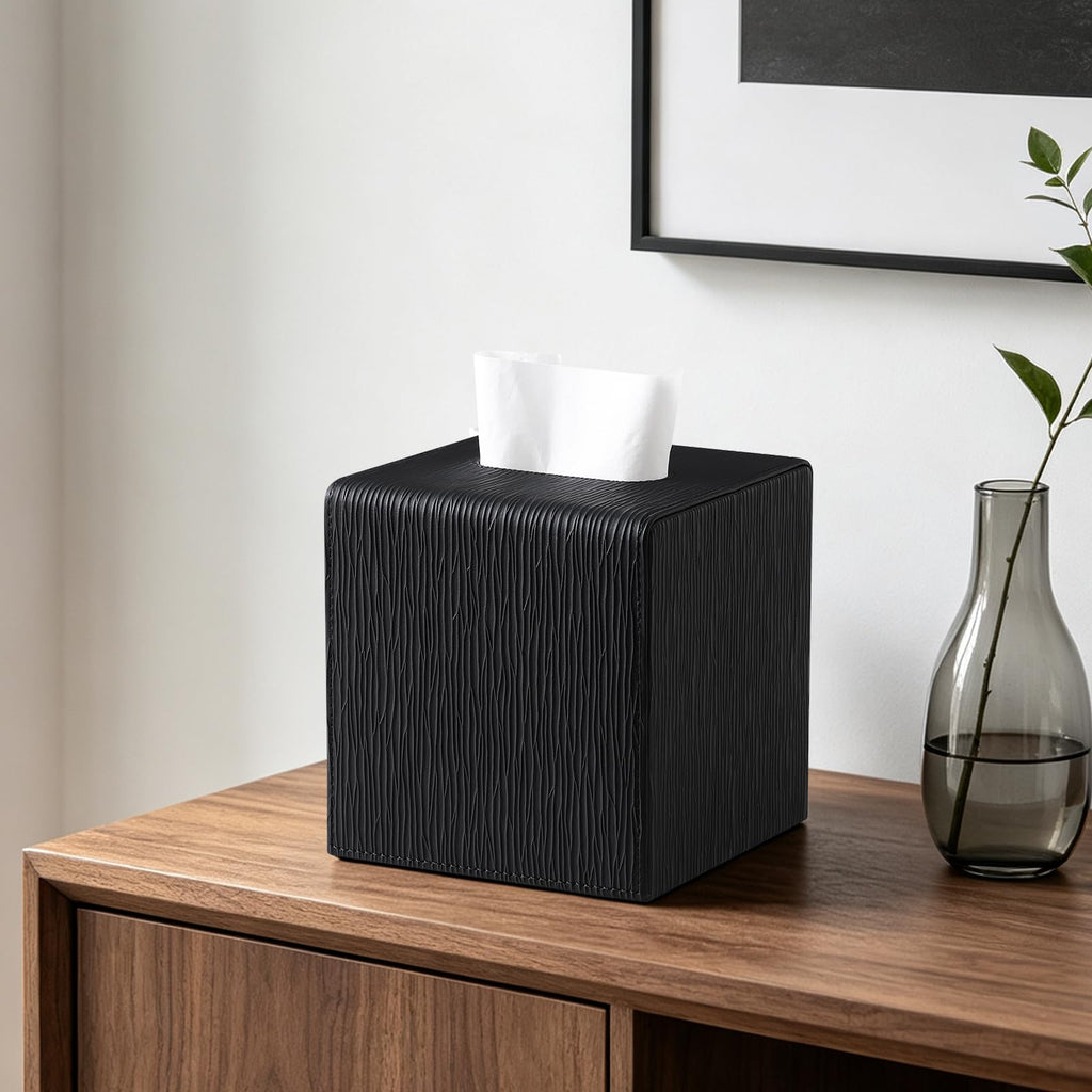 JLAMBOM PU Leather Tissue Box Cover Square, Cube Tissue Box Holder (Black)