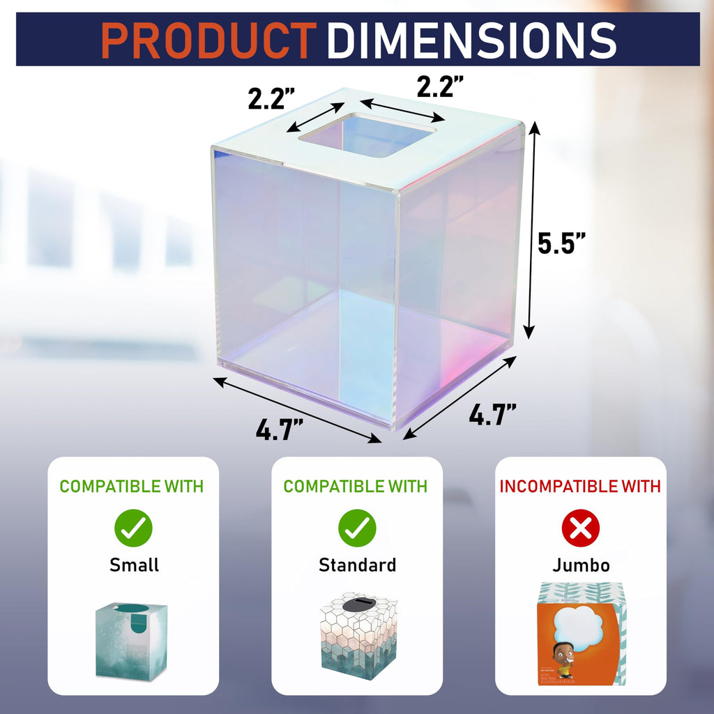 Acrylic Tissue Box Holder, Clear Dispenser for Facial Tissues, Napkins, and Dryer Sheets. Perfect for Bathrooms, Desks, Countertops, Vanities, Bedrooms, and Nightstands (Square, Iridescent)