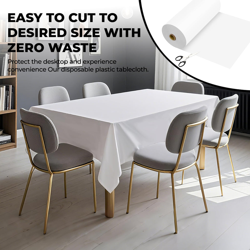 JHDZDHY 54 Inch X 300 Feet Plastic Table Cover Roll Premium Disposable Plastic Tablecloth for All Type/Shape Tables | Picnic, Party, Banquet, Birthdays, Weddings (White, 54 Inch X 300 Feet)
