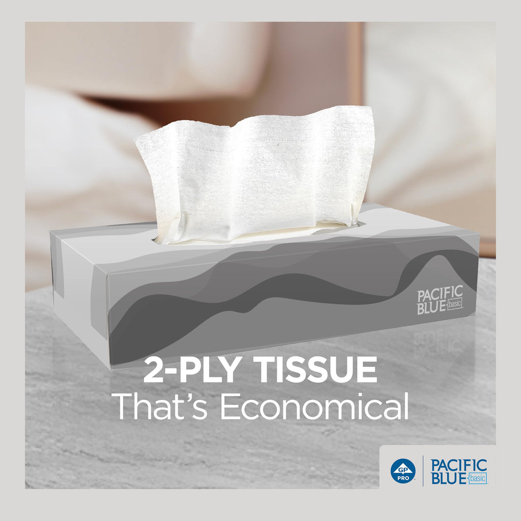 Georgia-Pacific Pacific Blue Basic 2-Ply Facial Tissue (47410), 100 Sheets Per Box, 30 Flat Boxes Per Bulk Case