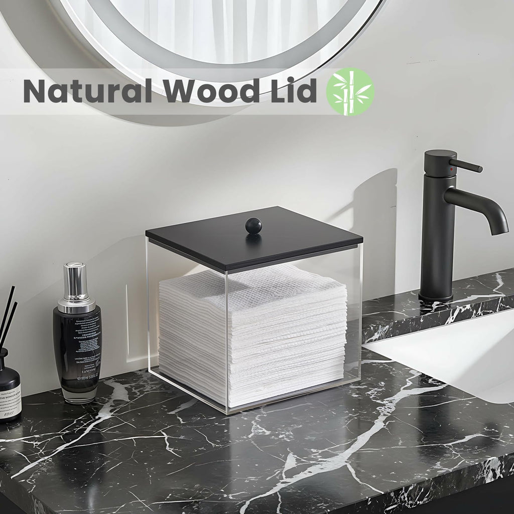 Puricon Acrylic Disposable Facial Towels Holder, Clear Storage Bin with Wood Lid Compatible with Clean Skin Club Towel (NOT Included), Face Towelettes Container for Bathroom Counter -Black
