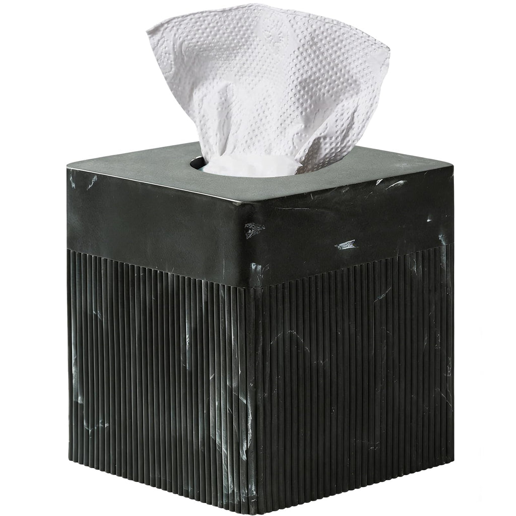 Tissue Box Cover Square Resin Tissue Holder for Home Decor, Hand Poured Marble Tissue Box Holder, 5 x 5 x 5.5 inches, Black