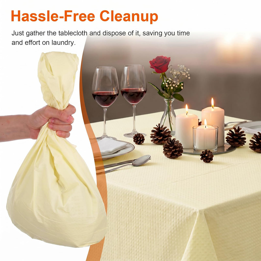 xozeooeu 15 Pack Pale Yellow Paper Tablecloths for Rectangle Tables 55 x 108 Inch, 3 Ply Disposable Table Cloths with Plastic Backing for Wedding, Birthday Party, Banquet