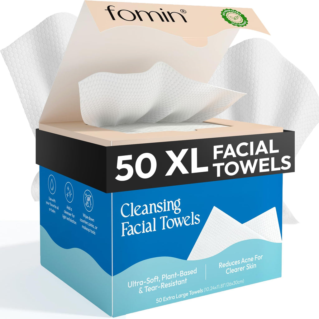FOMIN Disposable Face Towels - 50 Count XL Biodegradable Facial Towelettes