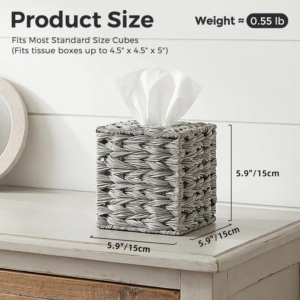 PE Wicker Tissue Box Cover Square, Handwoven Facial Tissue Box Holder Gray