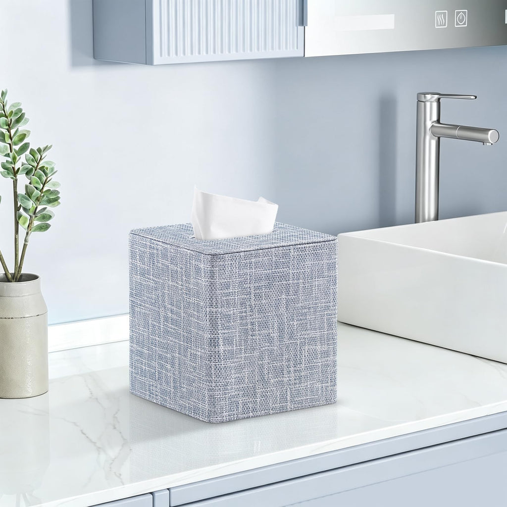 PU Leather Square Tissue Box Cover Tissue Box Holder Cube (Blue)