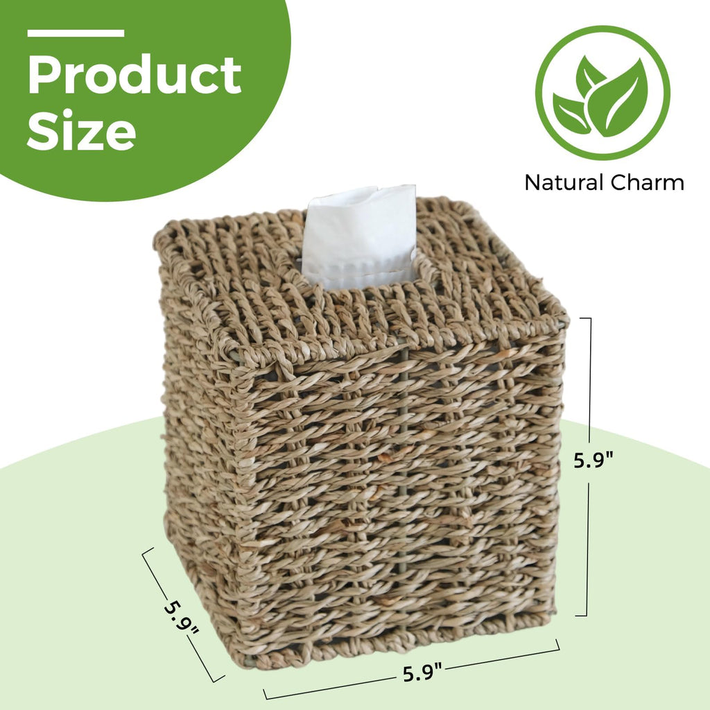 Seagrass Tissue Box Cover Square, Handwoven Facial Tissue Box Holder