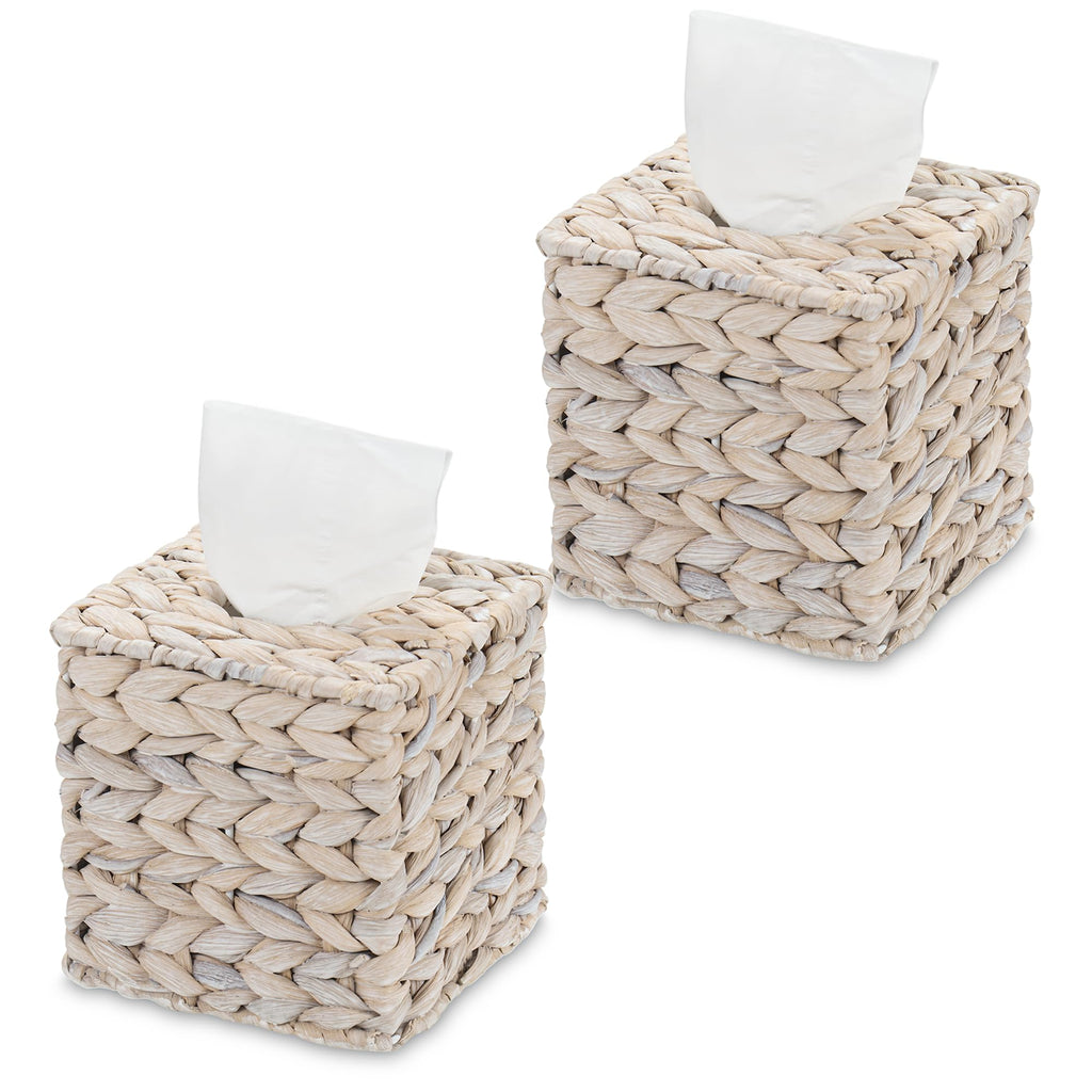 Set of 2 Water Hyacinth Handwoven Tissue Box Cover, Handcrafted Square Facial Tissue, Natural Handmade Wicker Napkin Box Holder, Rustic Decorative on Bathroom, Table, Office, Boho Decorative,Whitewash