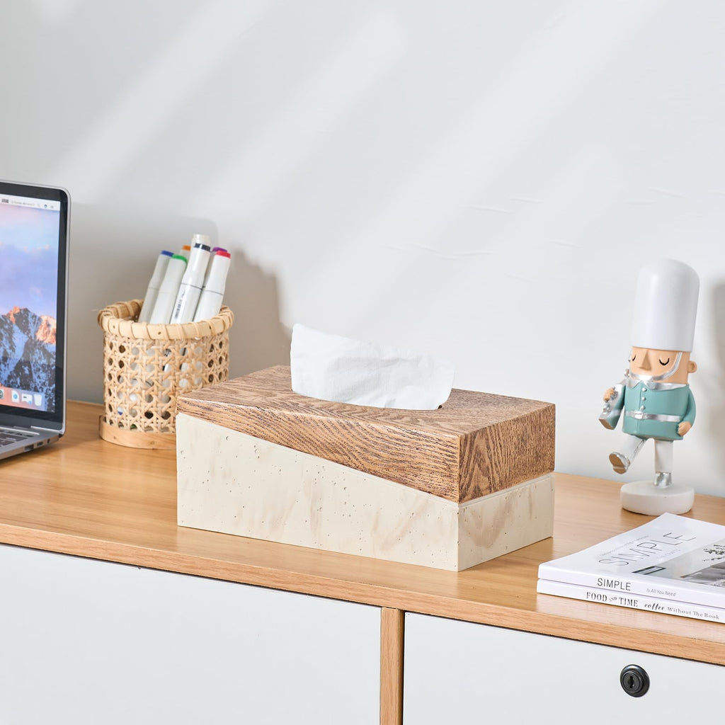 Rectangular Natural Travertine and Rustic Wood Textures Tissue Box Cover for Bathroom,Livingroom,Bedroom, Hand-Made Resin Wood Inlaid Travertine Tissue Box Holder,10 x 5.7 x 4.5 in
