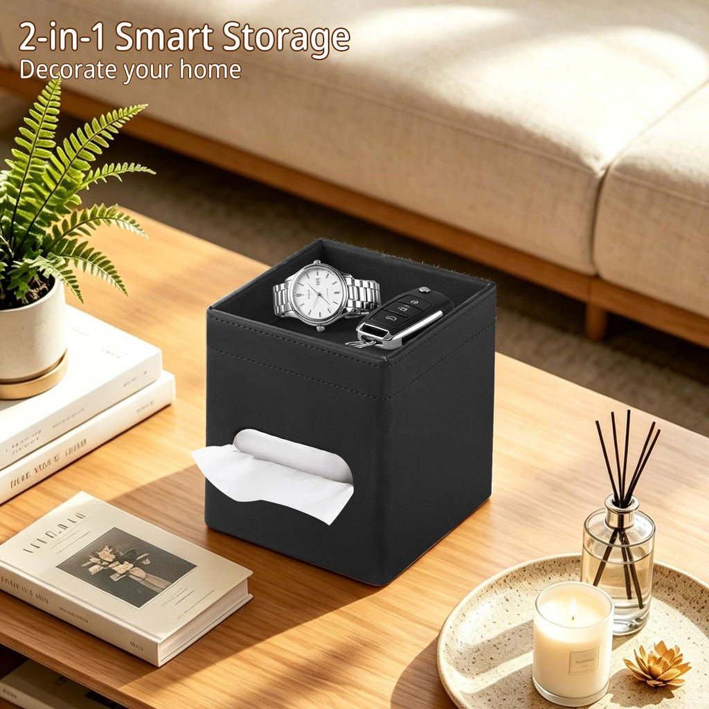 PUSU Square PU Leather Tissue Box Cover with Top Storage Tray Modern Decor