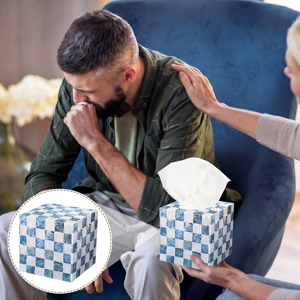 FunooFuno 12 Pack Checkered Tissue Cube Box Cube 3 Ply Facial Paper, Blue