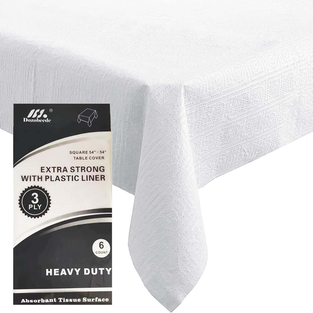 [6 Pack] White Square Tablecloths 54x54 Inch, Disposable Paper Table Cloth for Square and Round Tables, Waterproof 3-Ply Paper & Plastic Table Cover for Labor Day Thanksgiving Wedding Baby Shower