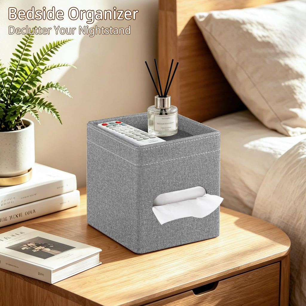 Square PU Leather Tissue Box Cover with Top Storage Tray,Tissues Dispenser