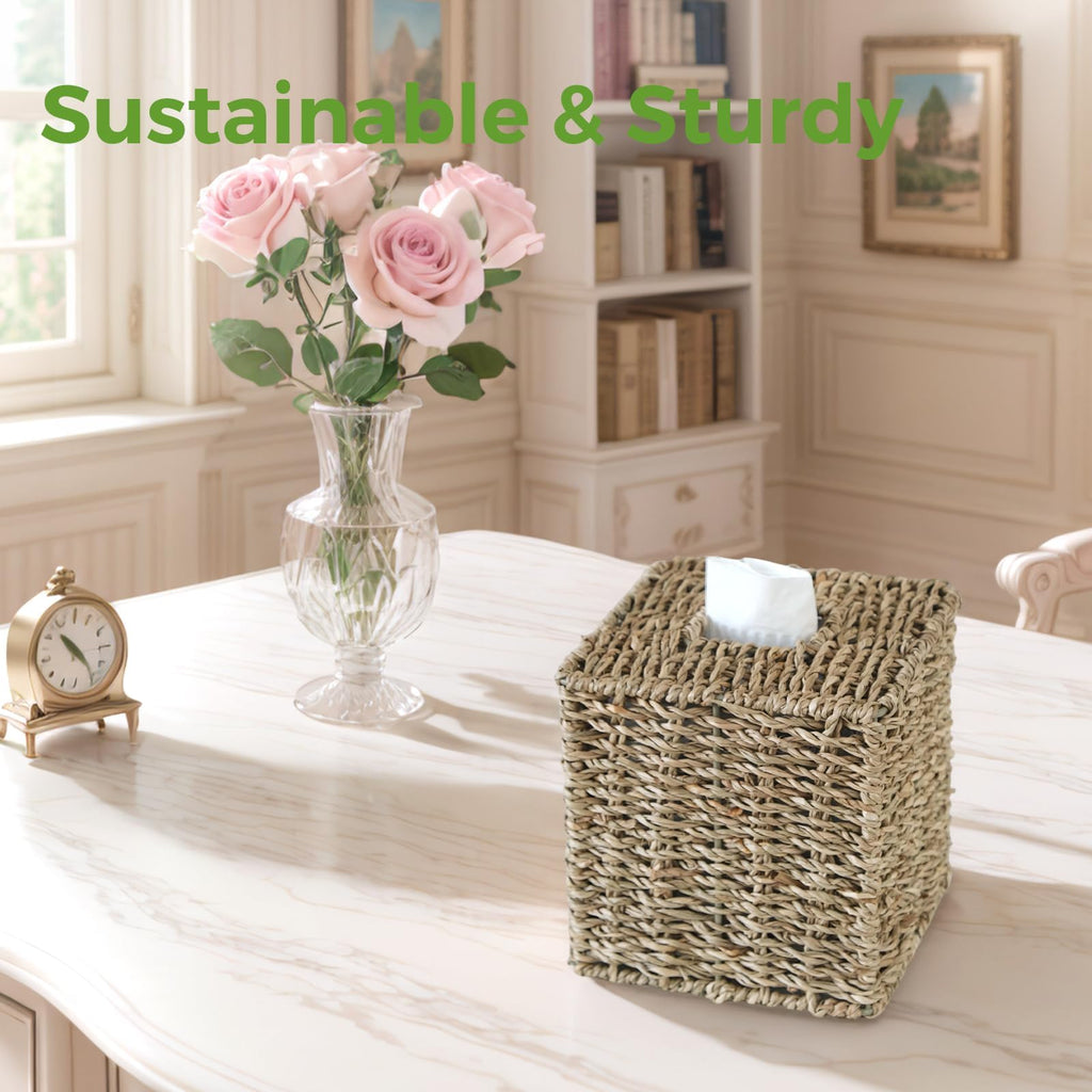 Seagrass Tissue Box Cover Square, Handwoven Facial Tissue Box Holder