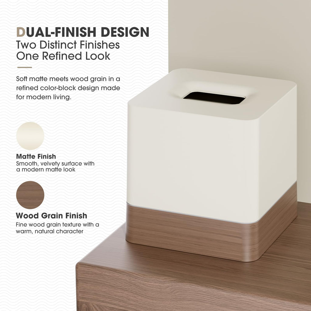 Y-in Hand Square Tissue Box Cover, Facial Cube Tissue Box Holder with Decorative Wood Grain Bottom for Bathroom Vanity, Countertop, Dresser, Nightstand, and Office - Beige