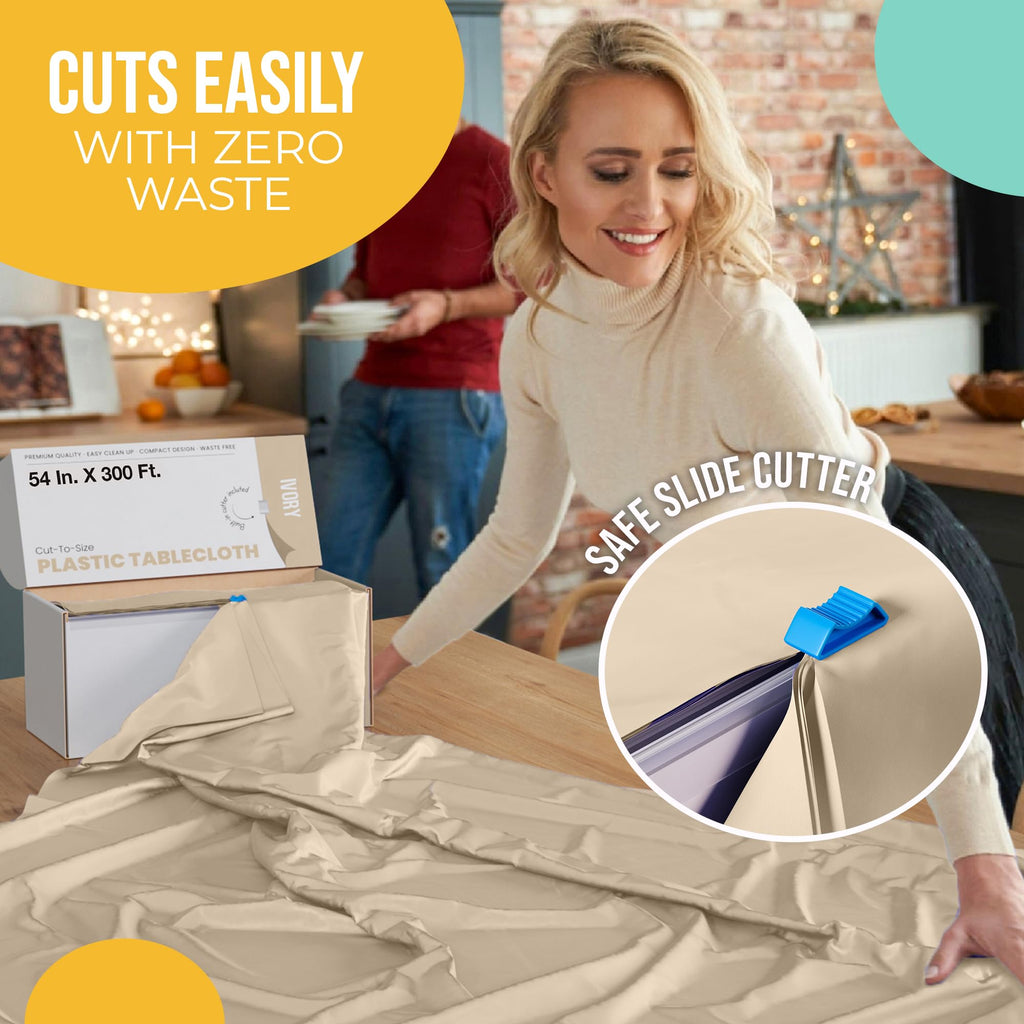 Exquisite Party Solids 54 Inch X 300 Feet Ivory Plastic Table Cover Roll in A Cut - to - Size Box with Convenient Slide Cutter. Cuts Up to 36 Rectangle 8 Feet Plastic Disposable Tablecloths
