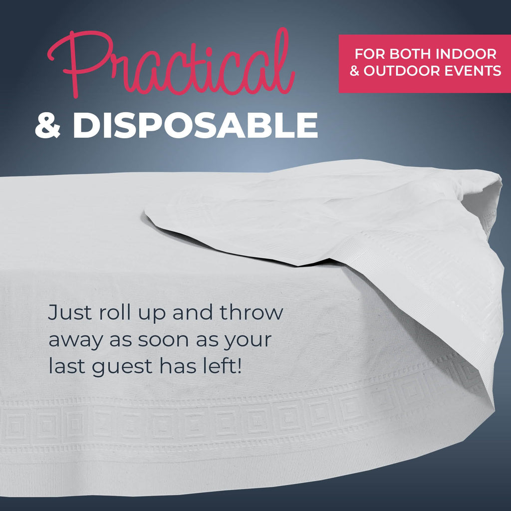 HOUZZKINGZ USA Paper Tablecloths for Round Tables | 82" - 10 Pack | White Paper & Plastic Disposable Table Cloths