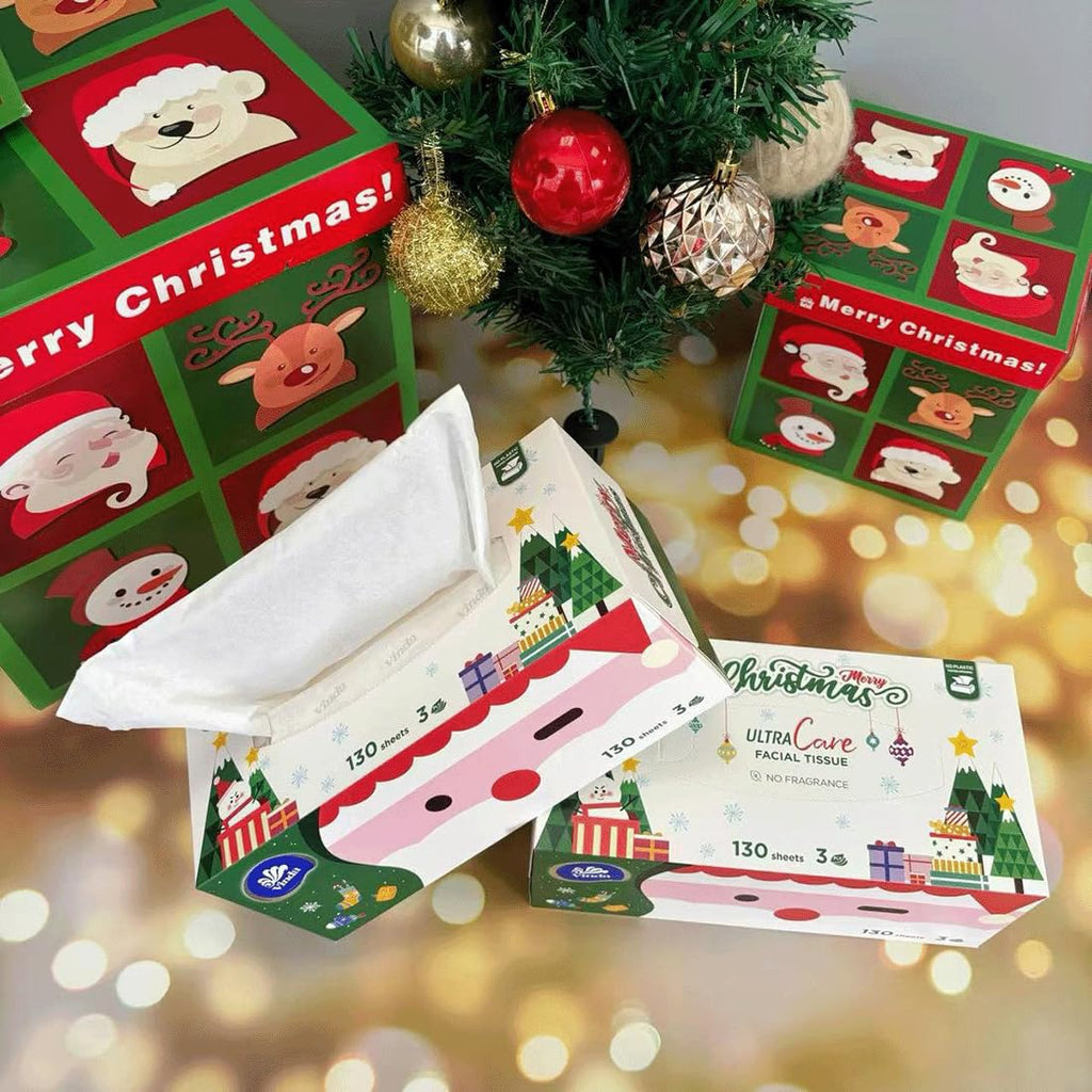 Vinda 3-Ply Ultra Care Facial Tissues, Cute Edition, Festive Holiday Boxes, 130 Tissues/Box, 8 Flat Boxes, Ultra Soft & Gentle for Sensitive Skin, Ideal for Home, Office, or Holiday Gifts