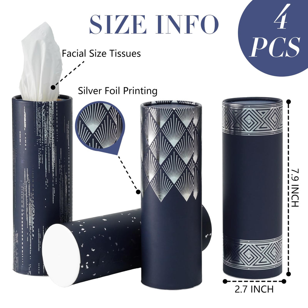 4 Pack Navy Blue Car Tissue Holder with Facial Tissues Bulk, Silver Foil