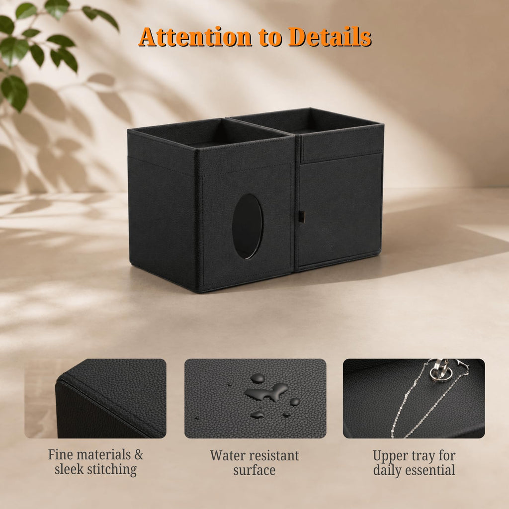 LAMOTI Leather Tissue Box Cover with Storage Tray, Square Facial Tissue Box Holder for Bathroom, Office Table, Countertop, Night Stand & More (Black)