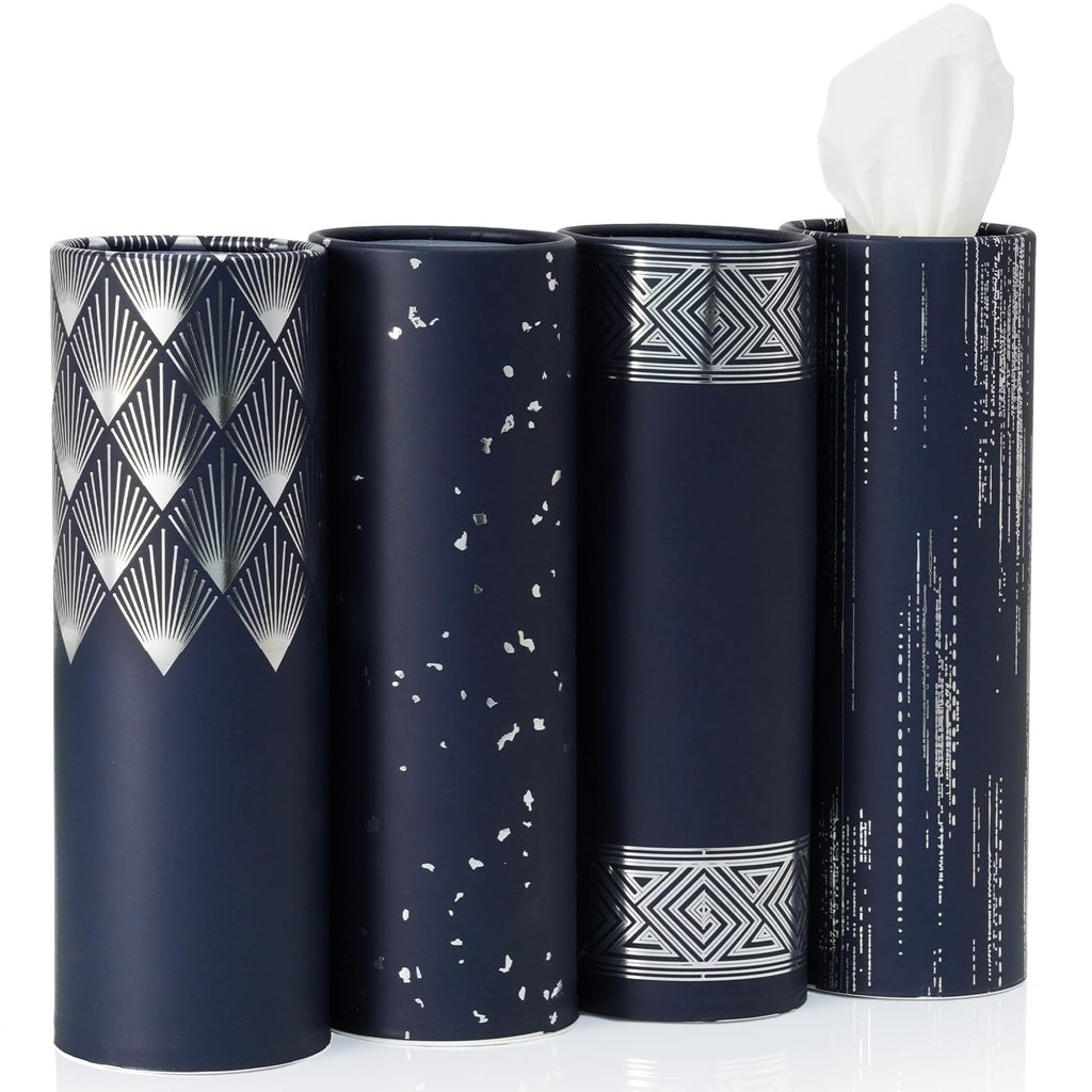 4 Pack Navy Blue Car Tissue Holder with Facial Tissues Bulk, Silver Foil