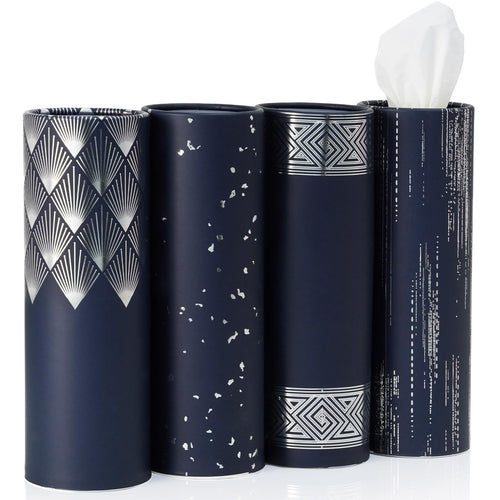 4 Pack Navy Blue Car Tissue Holder with Facial Tissues Bulk, Silver Foil