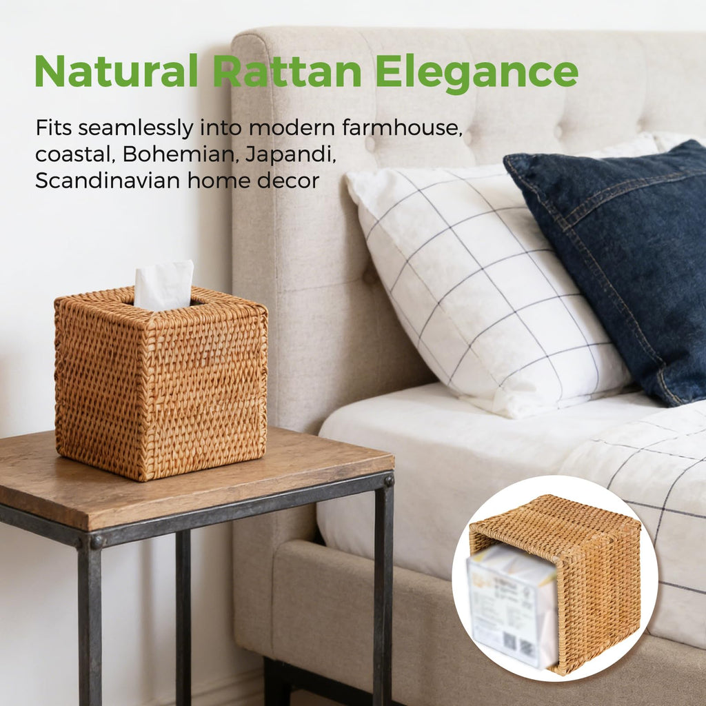 Rattan Tissue Box Cover Square, Handwoven Wicker Facial Tissue Box Holder