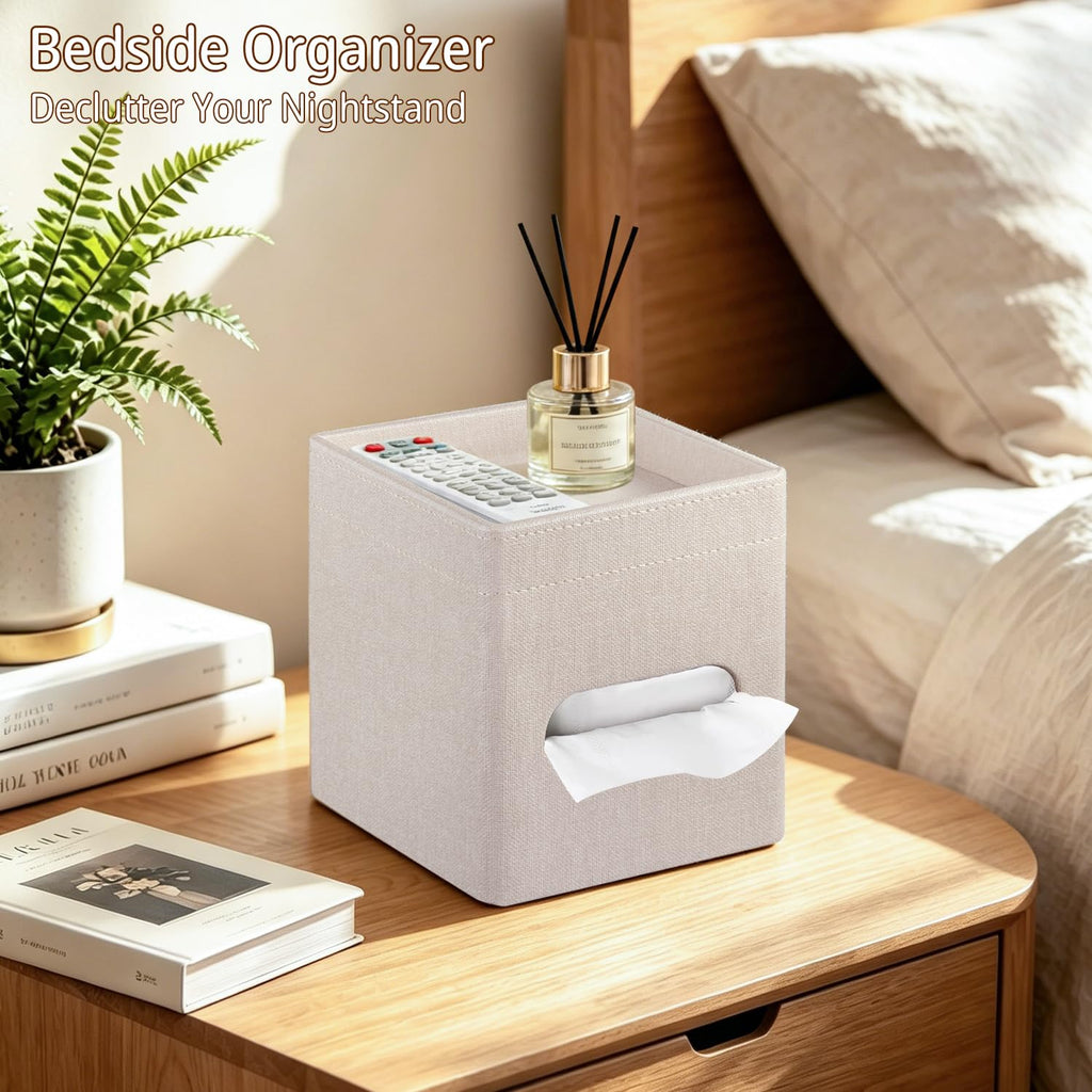 Square PU Leather Tissue Box Cover with Top Storage Tray,Tissues Dispenser