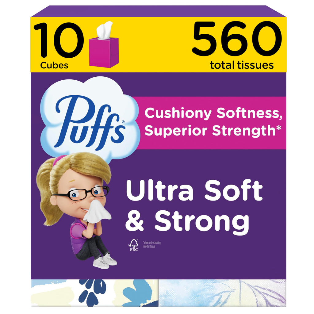 Puffs Facial Tissue Ultra Soft Non-Lotion, 10 Cube Boxes, 56 Facial Tissues per Box, Allergies and Colds (Packaging May Vary)