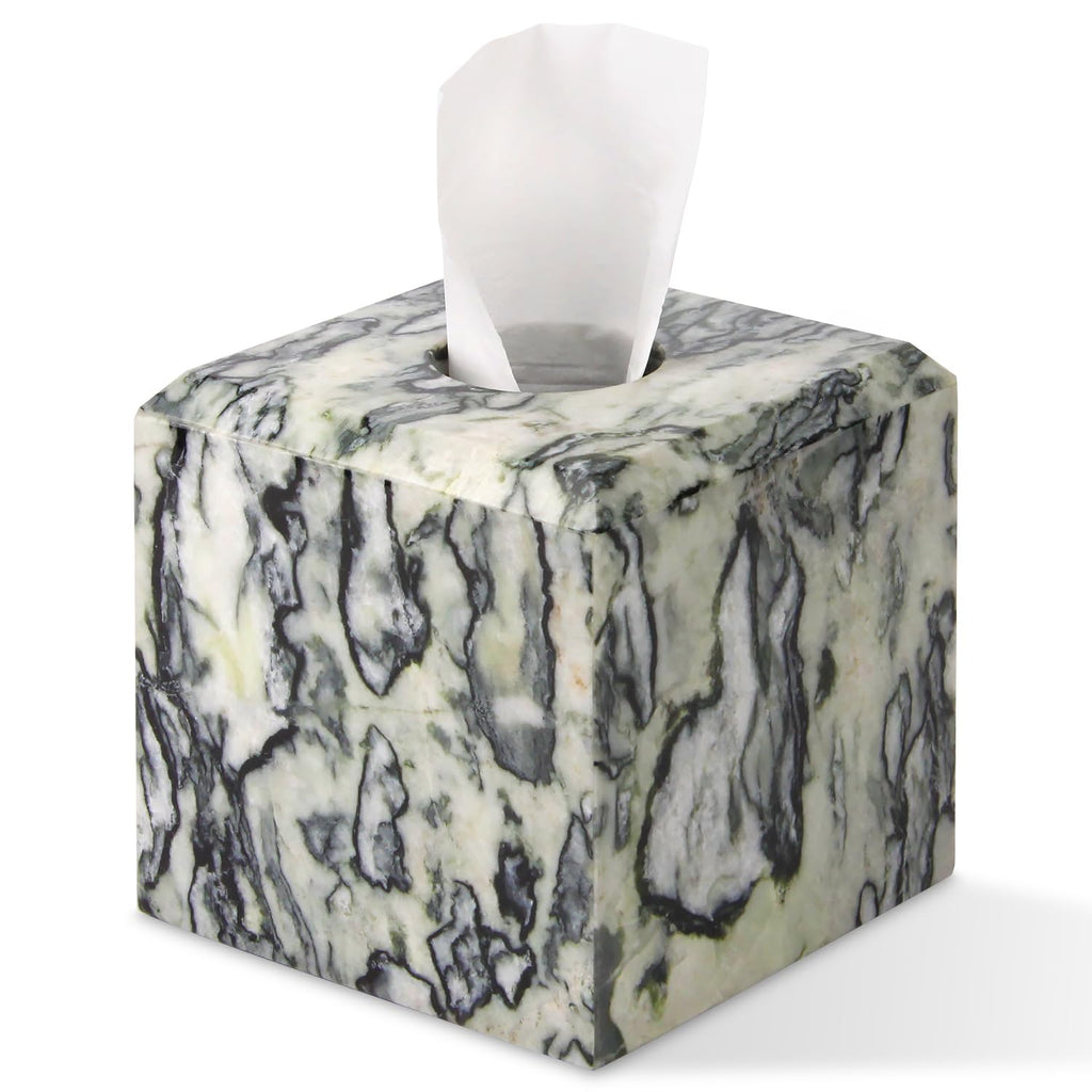 Natural Marble Square Tissue Box Cover ,Stone Modern Decorative Sturdy Napkin Box Holder Case,Facial Paper Organizer for Bathroom Vanity Toilet Countertop,Kitchen (1, Green Emerald, 5.71*5.71*5.51)