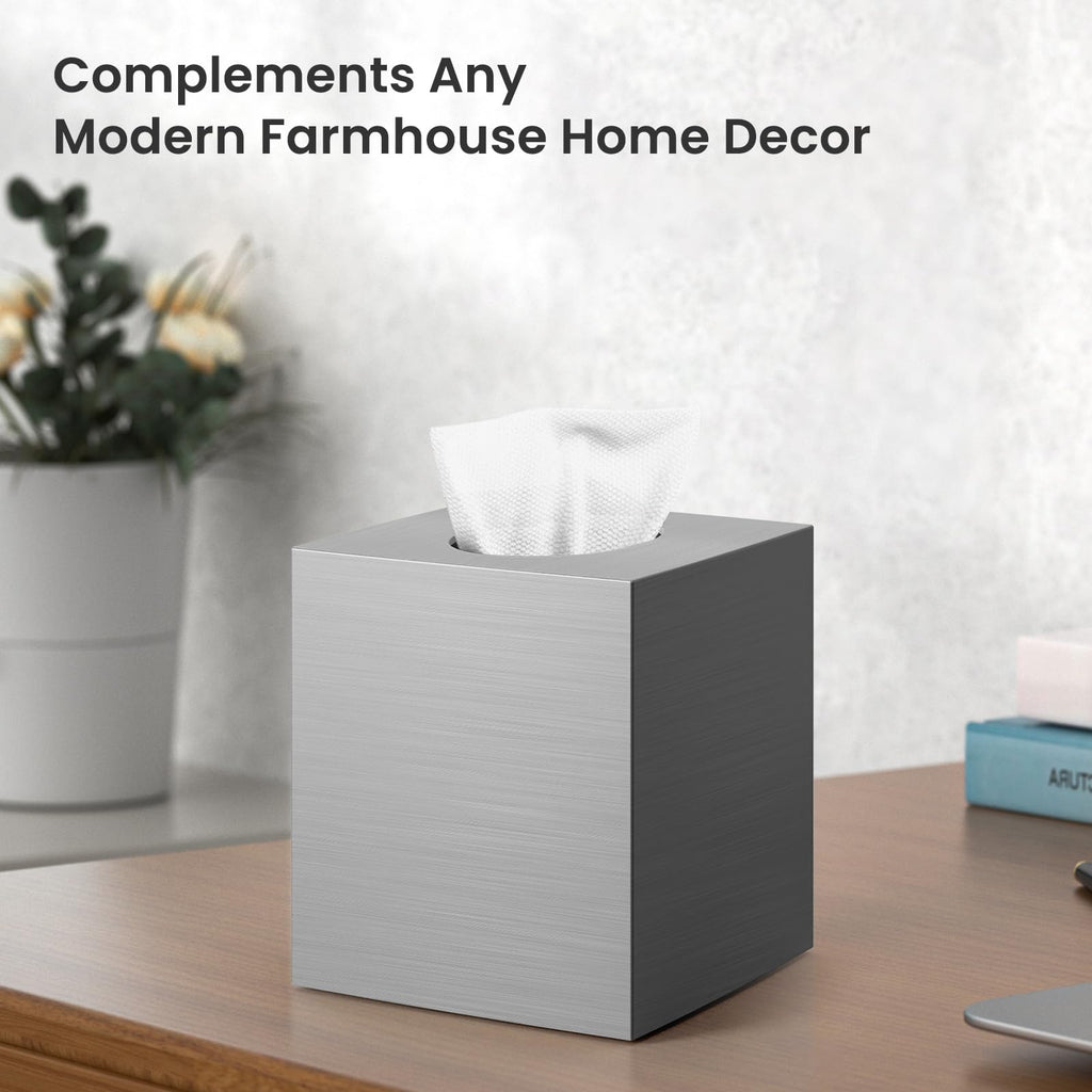 Tissue Box Cover, Square Plastic Tissue Holder with Non-Slip Base, Sliver
