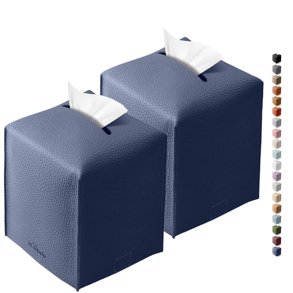 Tclouda Tissue Box Cover for PU Leather, Modern Simple Solid Color Holder Square Tissue Bag, Ideal for Bathrooms,Office,Car,Outdoor Tent,Dining Table,5"X5"X5", Double Navy Blue
