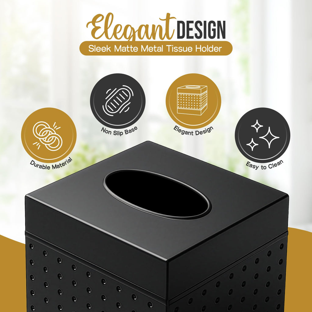 LUXMODE Handmade Matte Black Metal Tissue Box Cover – Square – 5x5x5.25 Inch – Open Bottom - Modern Black Tissue Holder for Bathroom, Living Room, Bedroom & Office Décor