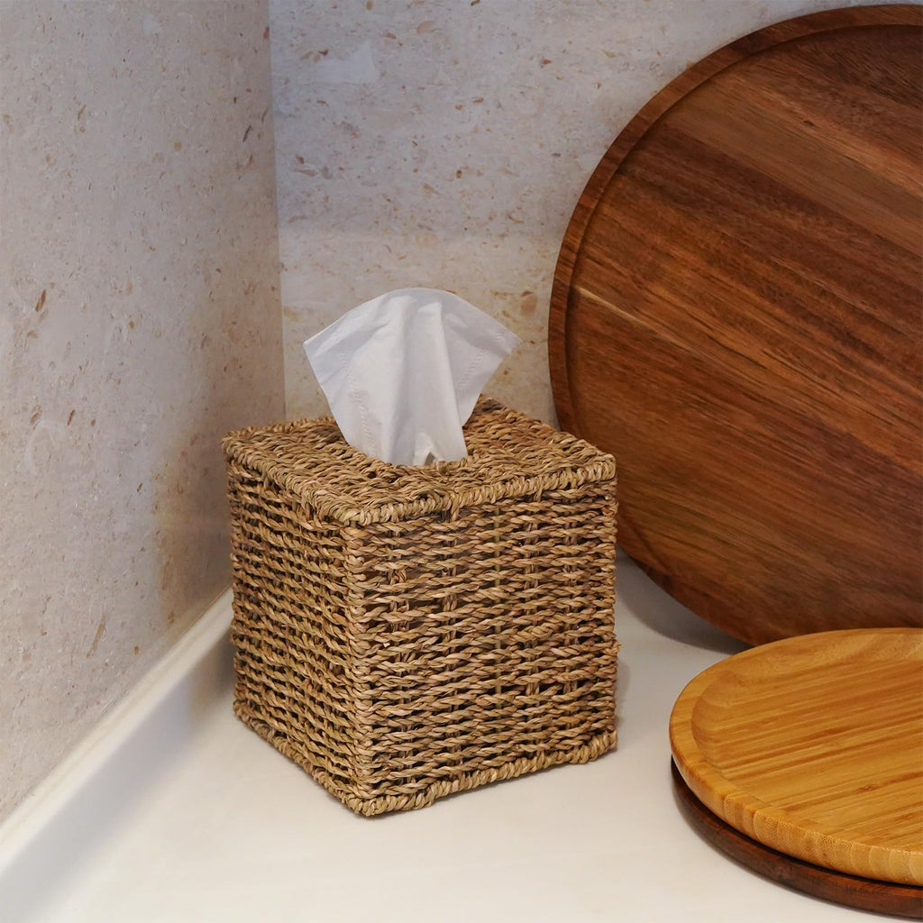 PINXIURY Seagrass Handwoven Wicker Tissue Box Cover, Natural Handmade Napkin Box Holder, Handcrafted Square Facial Tissue Holder for Bathroom, Rustic Decorative on Table and Bathroom,Boho Decorative
