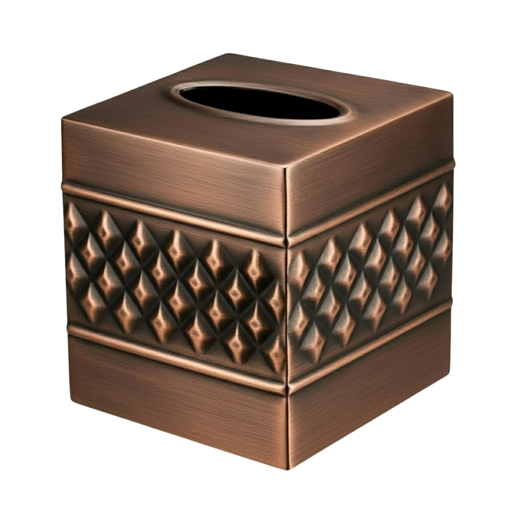 Monarch Abode Tissue Box Cover Square – Handcrafted Geo Embossed Antique Copper Finish Metal Tissue Holder Box for Bathroom Accessory, Aesthetic Decorative Facial Napkin Cube for Modern Home Décor
