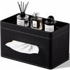 KINGFOM Ribbed PU Leather Tissue Box Cover with Storage Tray, Rectangular Facial Tissue Holder for Bathroom Vanity, Nightstand & Office Desk, Modern Decorative Tissue Dispenser (Matte Black)