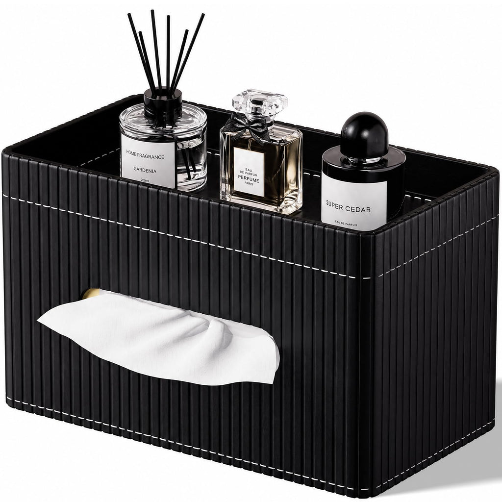 KINGFOM Ribbed PU Leather Tissue Box Cover with Storage Tray, Rectangular Facial Tissue Holder for Bathroom Vanity, Nightstand & Office Desk, Modern Decorative Tissue Dispenser (Matte Black)