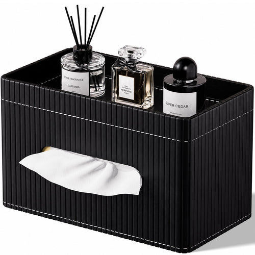 KINGFOM Ribbed PU Leather Tissue Box Cover with Storage Tray, Rectangular Facial Tissue Holder for Bathroom Vanity, Nightstand & Office Desk, Modern Decorative Tissue Dispenser (Matte Black)