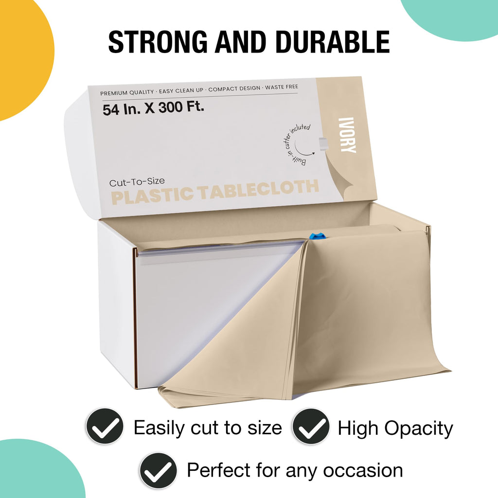 Exquisite Party Solids 54 Inch X 300 Feet Ivory Plastic Table Cover Roll in A Cut - to - Size Box with Convenient Slide Cutter. Cuts Up to 36 Rectangle 8 Feet Plastic Disposable Tablecloths
