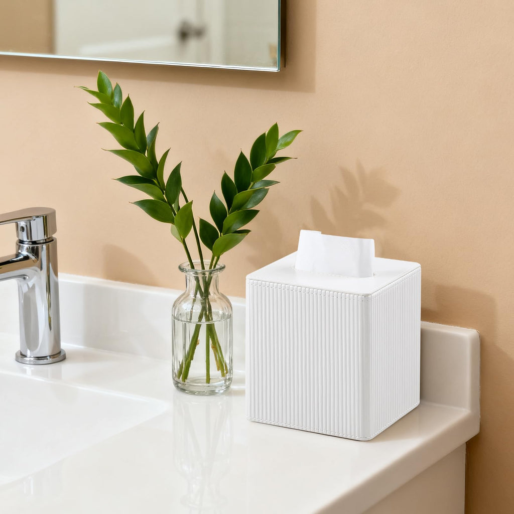 Cretkhp PU Leather Square Tissue Box Cover Tissue Box Holder Cube (Ivory)