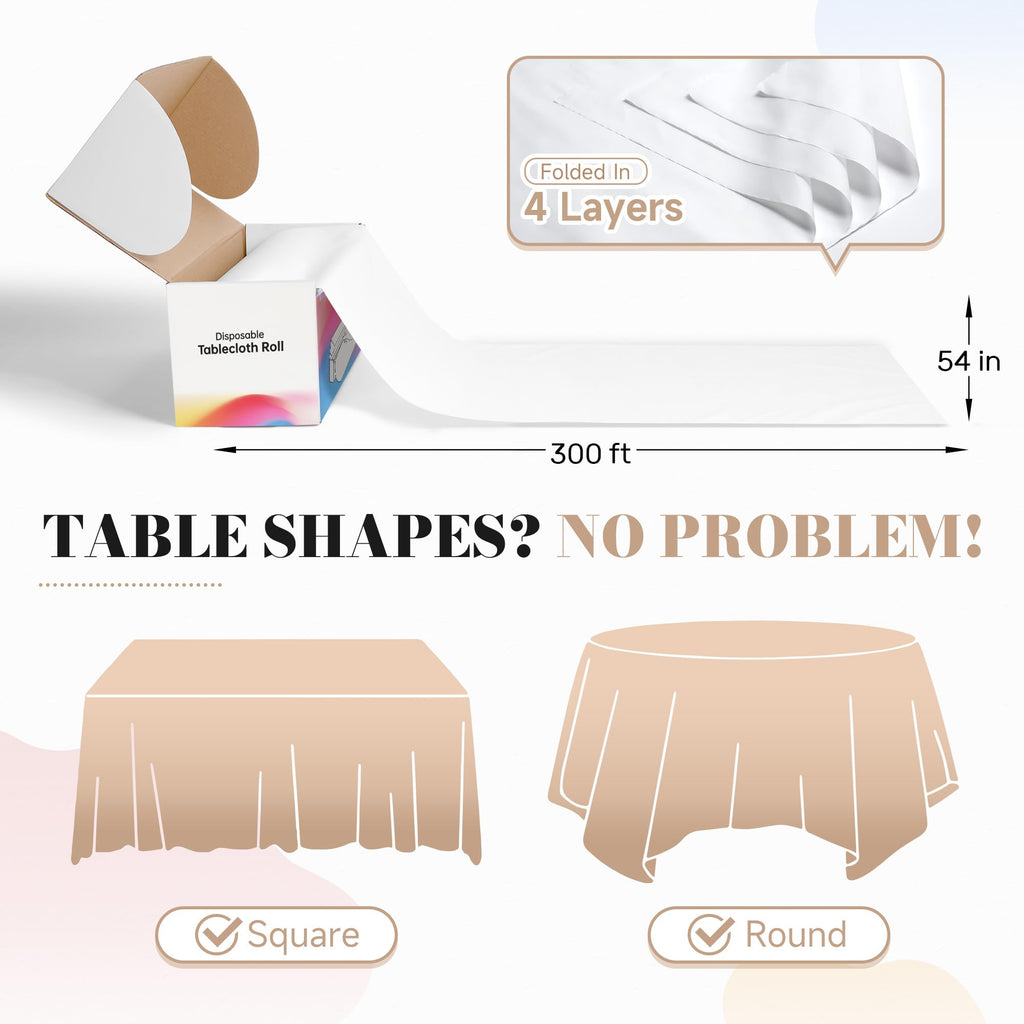 Plastic Table Cloth Disposable, 54In X 300Ft White Table Cover Roll