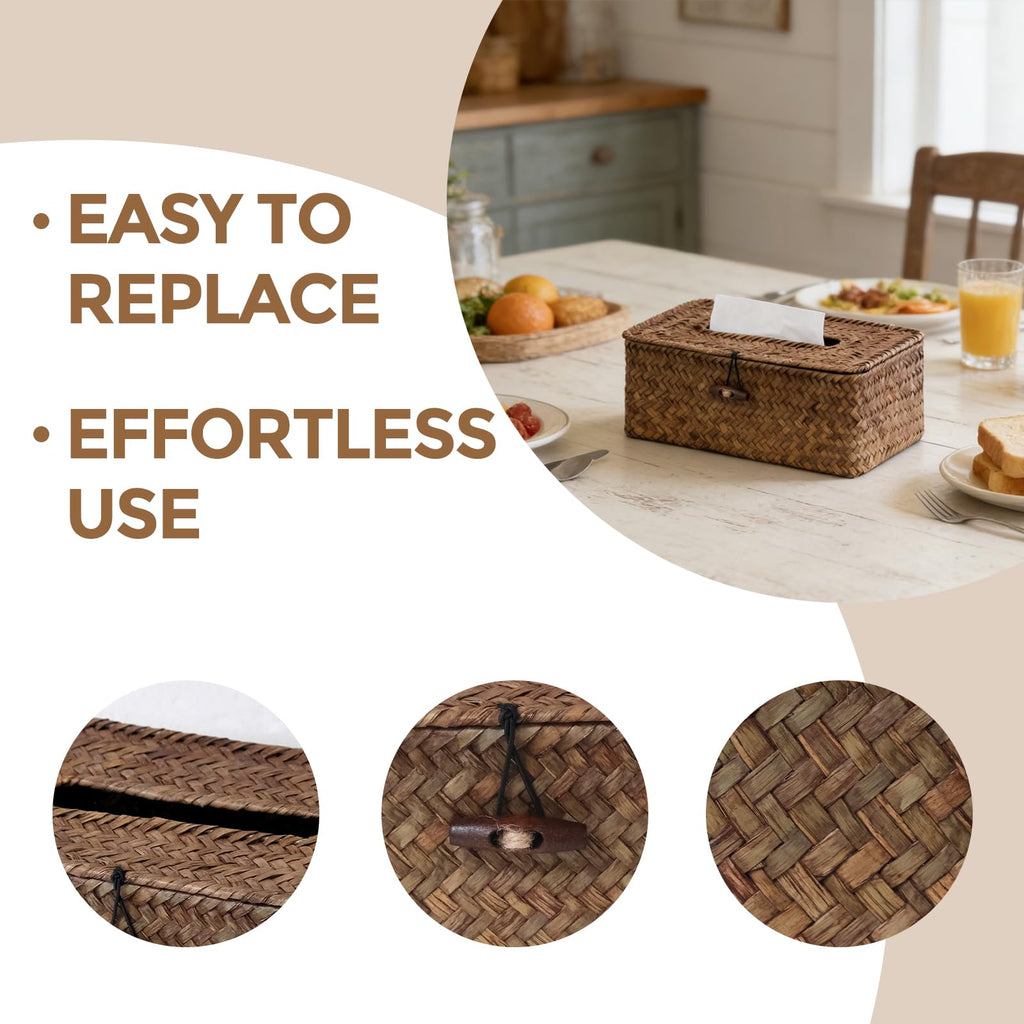 Rectangle Wicker Tissue Box Cover, Woven Seagrass Tissue Holder, Brown