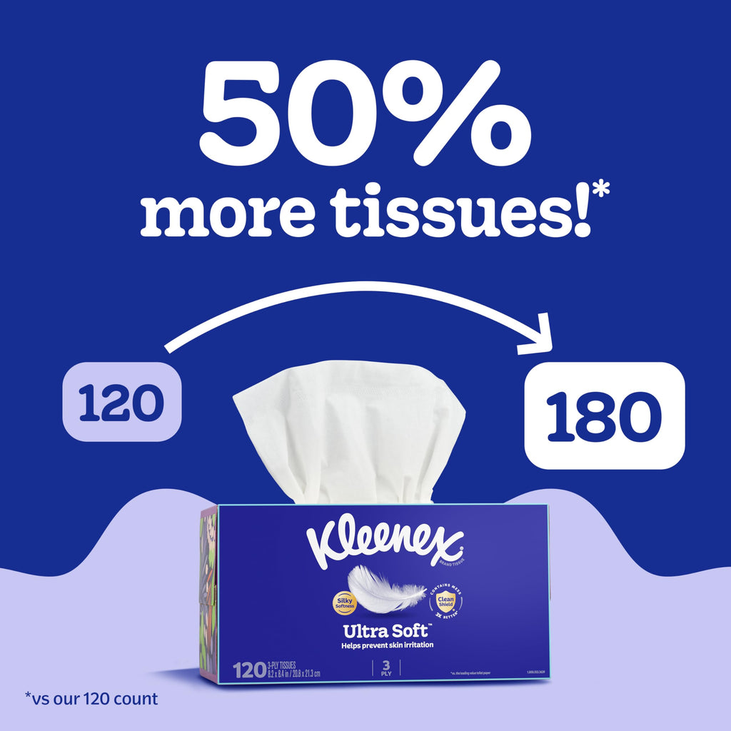 Kleenex Ultra Soft Facial Tissues, 6 Flat Boxes, 180 Tissues per Box