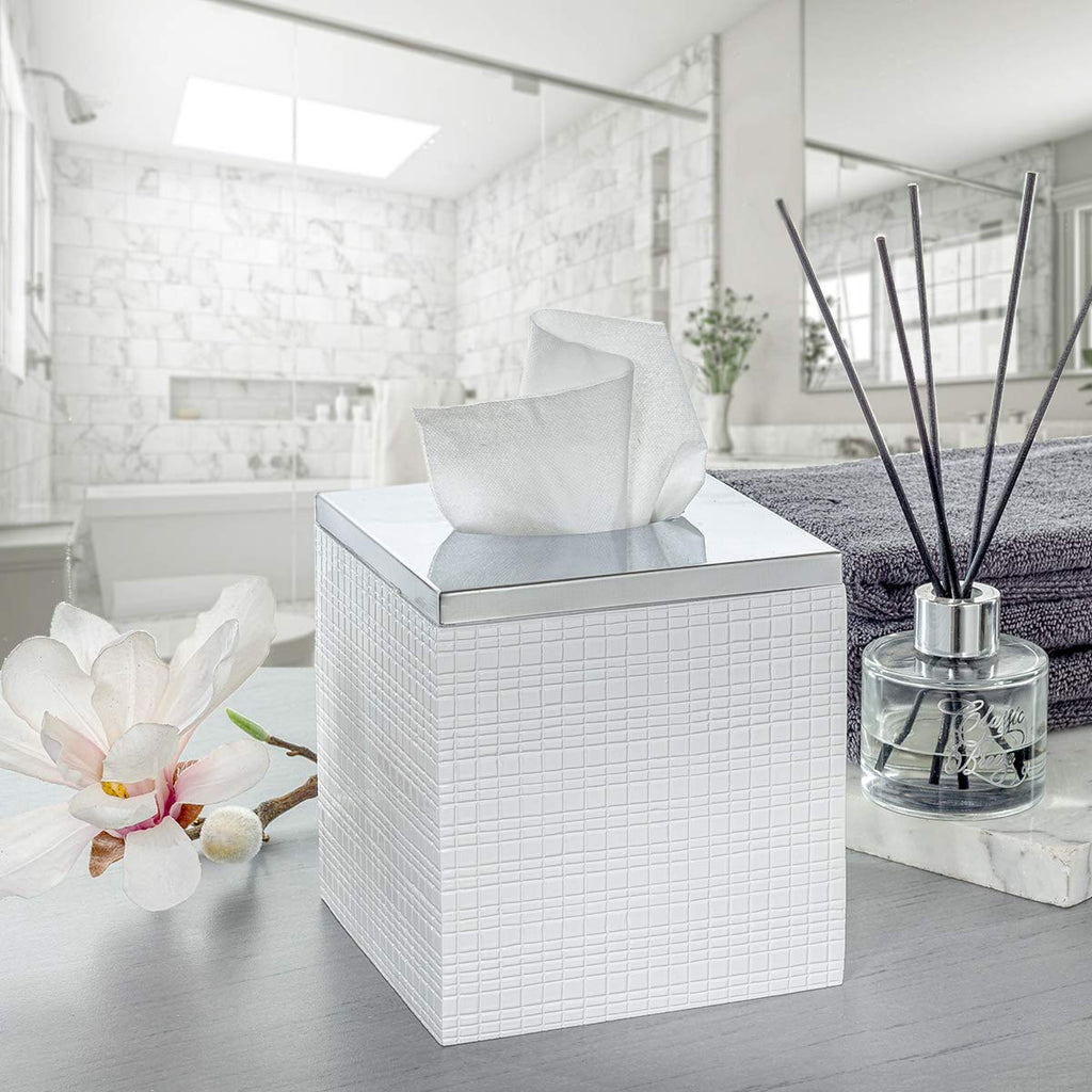 Estella White Square Resin Tissue Box Cover with Silver Top