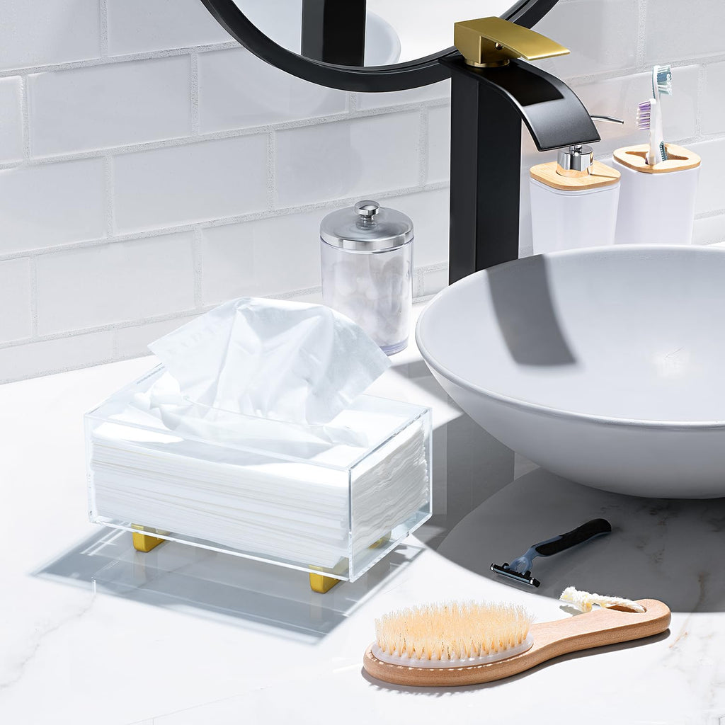 YoBa Thick Acrylic Tissue Box Holder Rectangular Clear Tissue Box Dispenser with Gold Plated Aluminum Legs for Bathroom, Kitchen, Bedroom, Office, Hotels and Restaurant