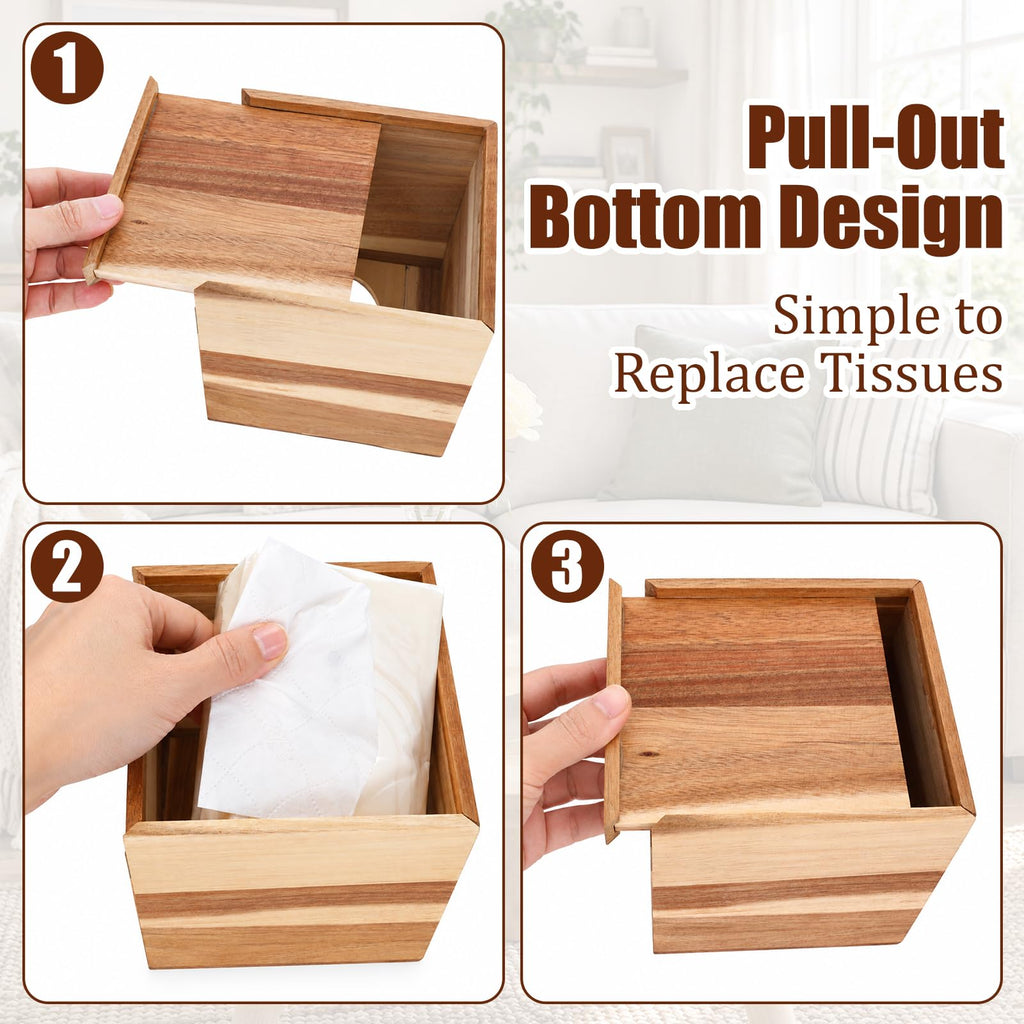 2 Pcs Wooden Tissue Box Cover with Brown Wood for Bathroom, Farmhouse Decor
